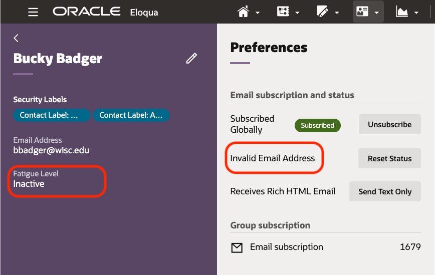 Screenshot of Bucky Badger's Contact view in Eloqua showing Invalid and Inactive indicators.